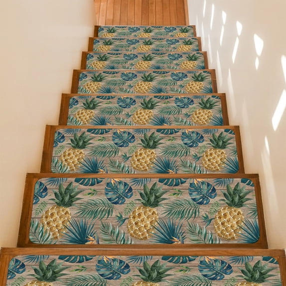 Gold Pineapple Stair Treads Non Slip for Steps Monstera Leaves Tropical Botanical Brown Wood Striped 4 Pcs Reusable Adhesive Stair Runner Mats for Dogs Elders Carpet Treads Rugs for Staircase 8x30 In