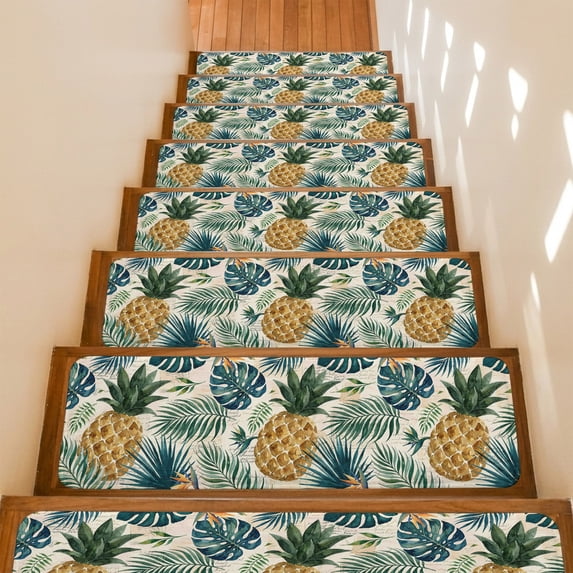 Gold Pineapple Stair Treads Non Slip for Steps Monstera Leaves Vintage Tropical Botanical Summer 7 Pcs Reusable Adhesive Stair Runner Mats for Dogs Elders Carpet Treads Rugs for Staircase 8x30 In
