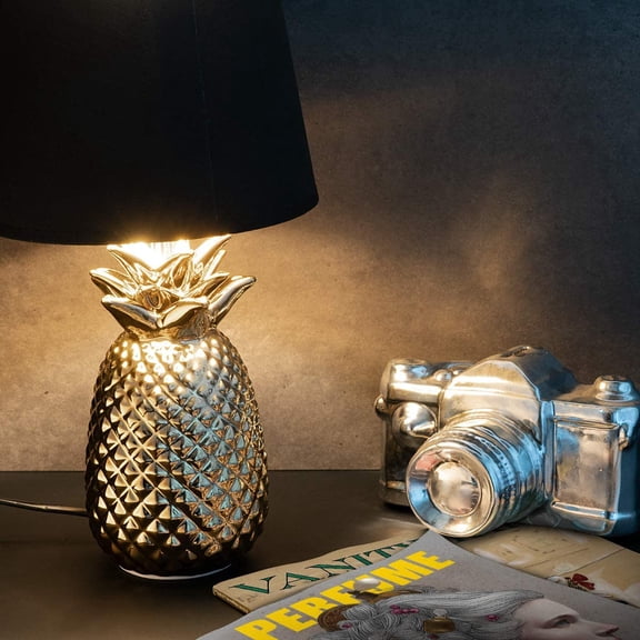 Gold Pineapple Table Lamp - Mini Lamp 13.8" Tall Light with Ceramic Base for Tables - with E12 Candelabra Bulb Socket - Small, Black Shade