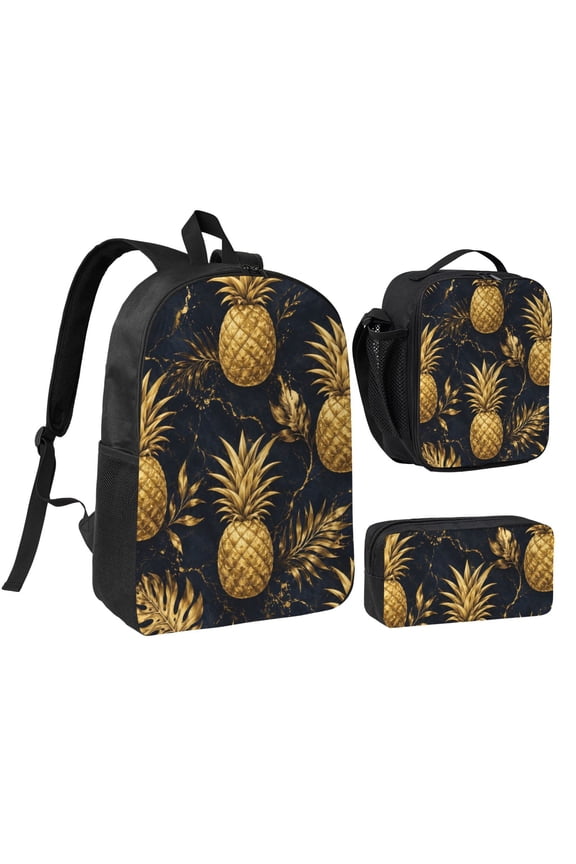 Gold Pineapple Tropical Backpack Set 3pc Including Backpack, Lunch Bag and Pen Bag Combination