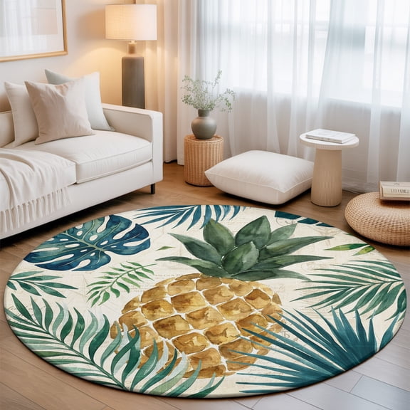 Gold Pineapple Washable Round Area Rug 3 ft, Monstera Leaves Tropical Botanical Summer Soft Non Slip Rugs Stain Repellent Indoor Felt Carpet for Living Dining Room Bedroom Home Office