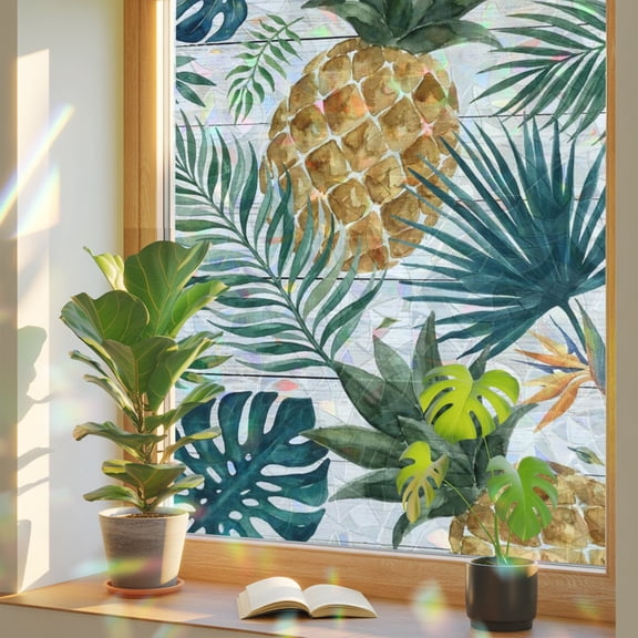 Gold Pineapple Window Privacy Film, Monstera Leaves Tropical Botanical White Wood Striped Stained Glass Rainbow Film Decorative Window Clings, Static Cling Sun Blocking Stickers 19.6" x 39.3"