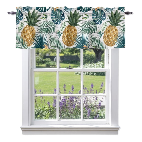 Gold Pineapple Window Valance for Kitchen, Monstera Leaves Tropical Botanical White Wood Striped Rod Pocket Short Curtains for Bathroom Bedroom Window, Light Filtering Decorative Valances, 42x12 Inch