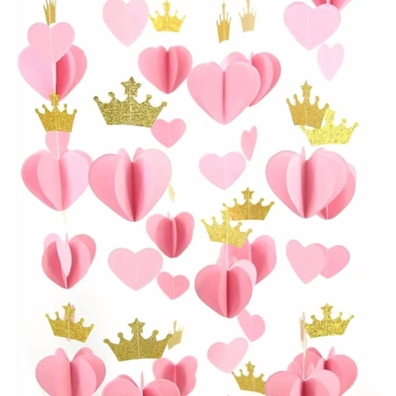 Gold Pink 3D Paper Heart Crown Garland Girl Princess Birthday Party Nursery Room