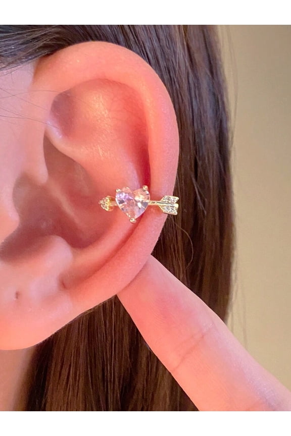 Gold Pink Arrow Through Heart Cubic Zirconia Clip-On Ear Cuff For Women Daily Wear Valentine Gift