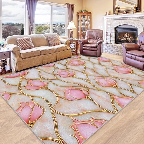 Gold Pink Floral Rug, Washable Abstract Flower Rugs For Living Room Bedroom, Chic Elegant Area Rug For Home Decor, Non Slip Backing Floor Carpet 3x4ft