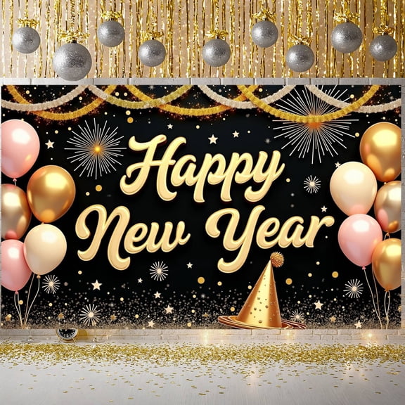 Gold Pink Happy New Year Banner Festive New Year Display Sparkling Firework Design Balloon Decor Festive Backdrop for New Year Party Holiday Celebration Indoor Decor