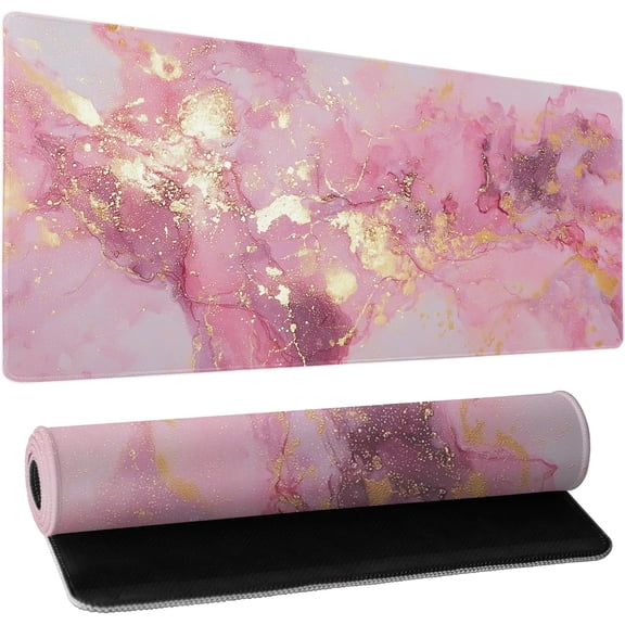 Gold Pink Marble Mouse Pad Extended Large 31.5x11.8in Coquette Kawaii Desk Mat Preppy Trendy Computer Mousepad XL Non-Slip Rubber Base Stitched Edge Rose Gold Mousepad PC Desk Pad for Work Desktop