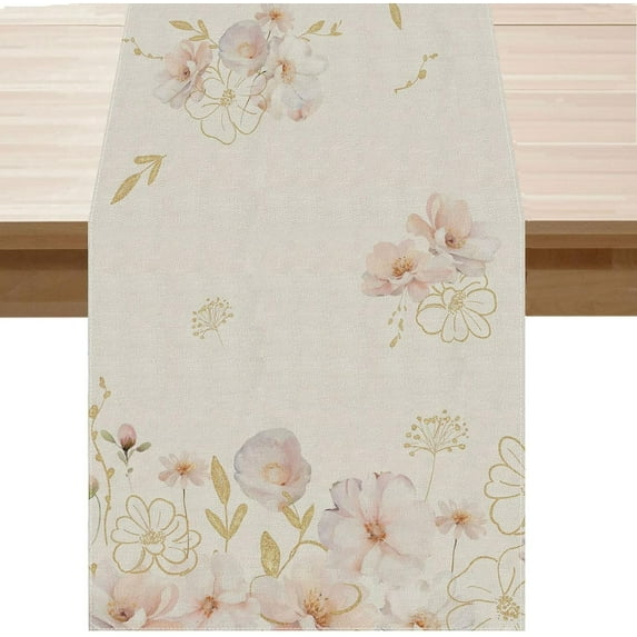 Gold Pink Watercolor Flowers Seasons Spring Table Runner Summer Burlap Table Decoration for Home Kitchen Dining Dinner Indoor Holiday Farmhouse Decor 13x72 Inch