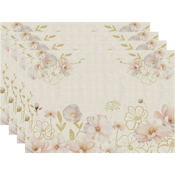 Gold Pink Watercolor Flowers Spring Summer Seasons Placemats Set of 4 Cloth Table Mats 12 x 18 Inch Party Home Dining Decor Table Decorations