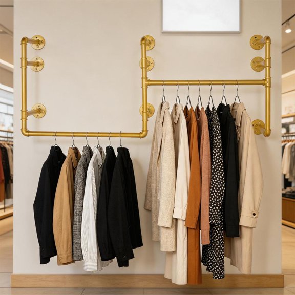 Gold Pipe Clothing Racks Wall Mount Gold Clothes Rack, Heavy Duty Industrial Pipe Clothes Racks Retail Display Hangings Rod for Closet Storage, Laundry Room