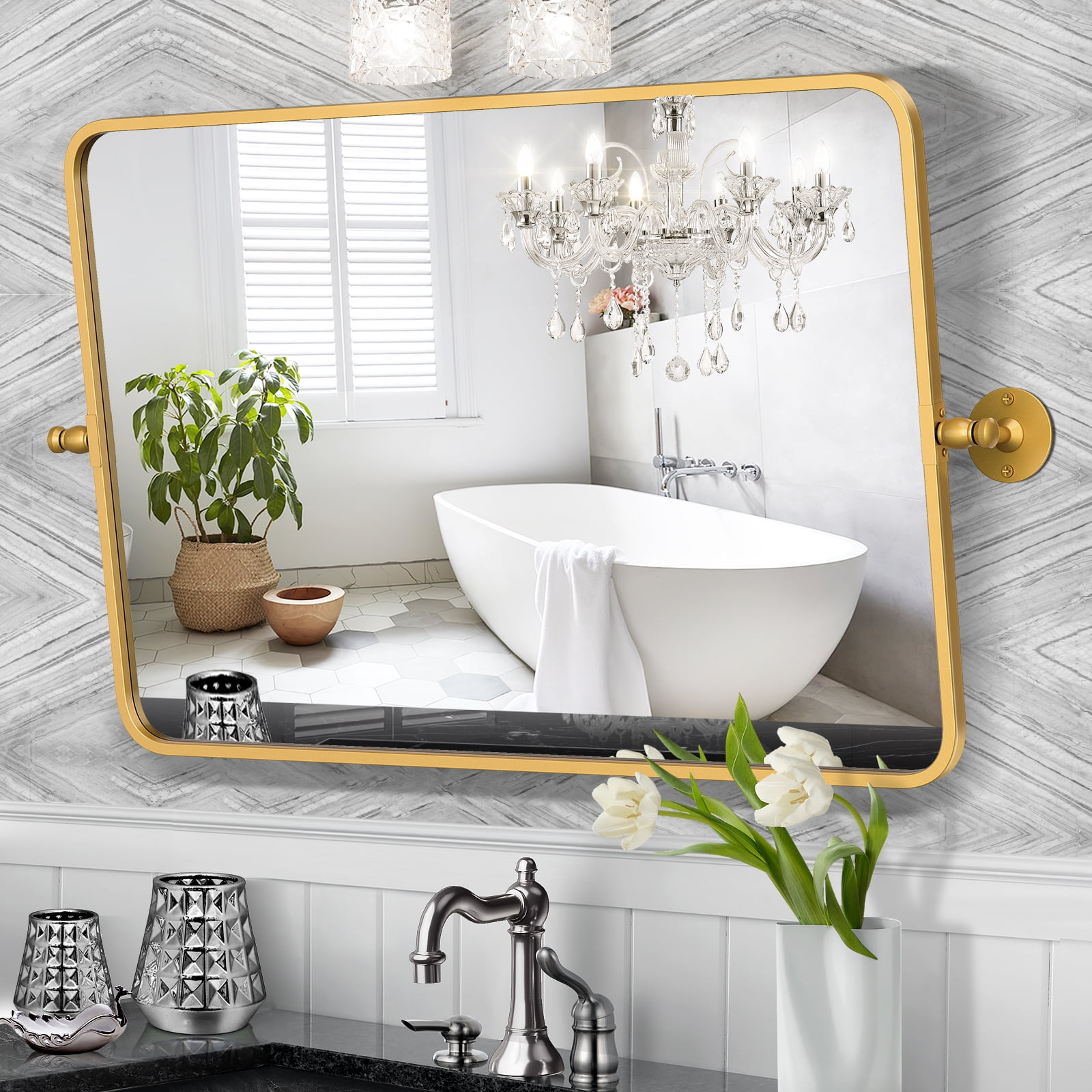 Gold Pivot Mirror, Rectangle Bathroom Mirrors for Wall 22*30 Inch