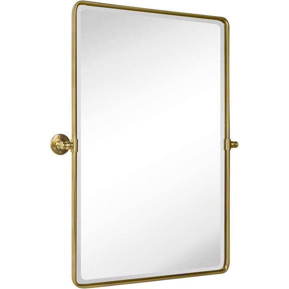 Gold Pivot Rectangle Bathroom Vanity Mirrror Farmhouse Tiltable Rounded Metal Framed Pivoting Bathroom Mirror with Beveled Mirrror, Overall 26.91 x 35 inches (Mirrror 23 x 35 inches)