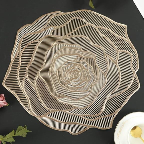 Gold Placemats Pressed Vinyl Round Placemats Set of 8 Pretty Rose Shape Design Washable Dining Table Decoration Mats for Birthday Holiday Party Wedding Kitchen Decor 8PCS