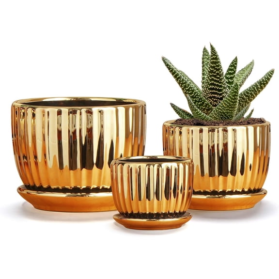 Gold Plant Pots,4.1+5.1+6.5 Inch Ceramic Succulent Planters Set of 3,Indoor Flower Pot with Drainage,Handmade Decorative Ceramic Orchid and Herb Pots(Gold)