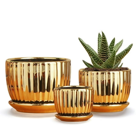 Gold Plant Pots,4.1 5.1 6.5 Inch Flower Pots,Ceramic Succulent Planters Set of 3,Mini Indoor Pots with Drainage,Handmade Decorative Ceramic Orchid and Herb Pots(Gold)