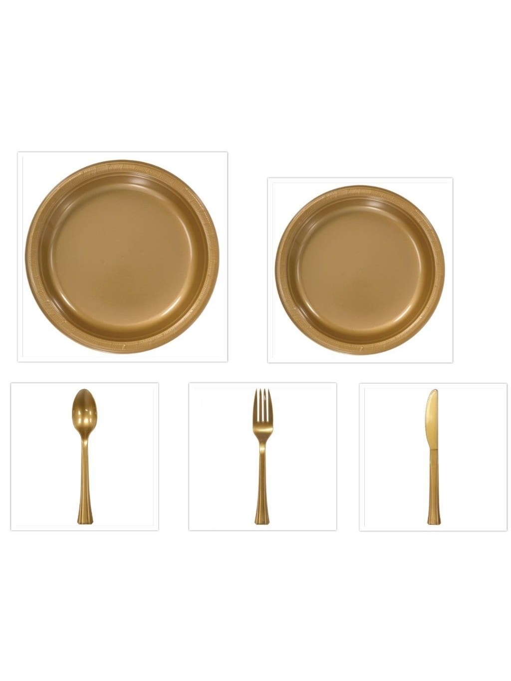 Gold Plastic 10" Dinner Plates + 7" Salad Plates + Cutlery *Case of 100*