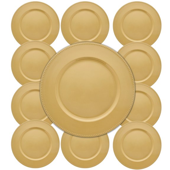 Gold Plastic Charger Plates with Beaded Rims 13in Decorative Round Plastic Service Plate for Home Dinner Party Weddings Christmas New year Holiday Party Table Decor Set of 12 & CUSTOM Storage Carrier