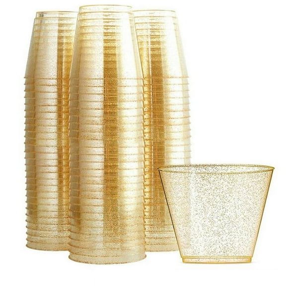 Gold Plastic Cups Clear Plastic Wine Glasses, Fancy Disposable Hard Plastic Cups with Gold Glitter for Cups 25Pcs