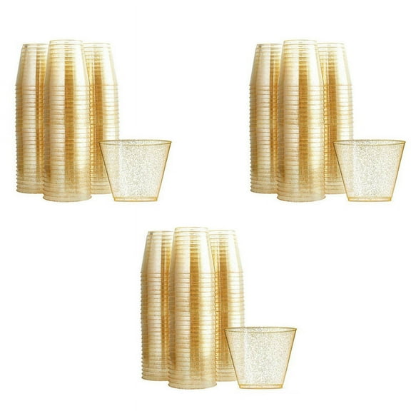 Gold Plastic Cups Clear Plastic Wine Glasses, Fancy Disposable Hard Plastic Cups with Gold Glitter for Cups 75Pcs