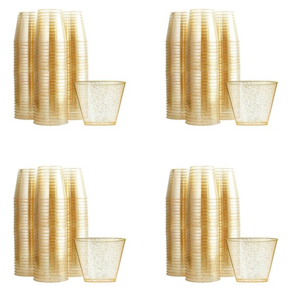 Gold Plastic Cups Clear Plastic Wine Glasses, Fancy Disposable Hard Plastic Cups with Gold Glitter for Party Cups 200Pcs