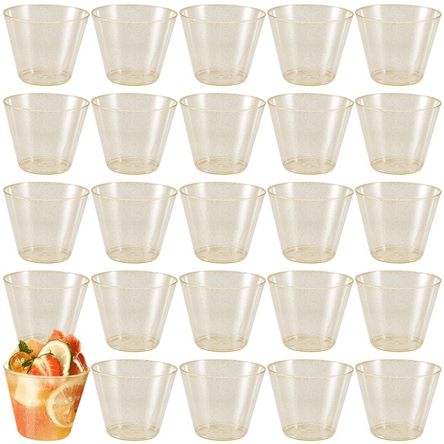Gold Plastic Cups Clear Wine Glasses, Fancy Disposable Hard with