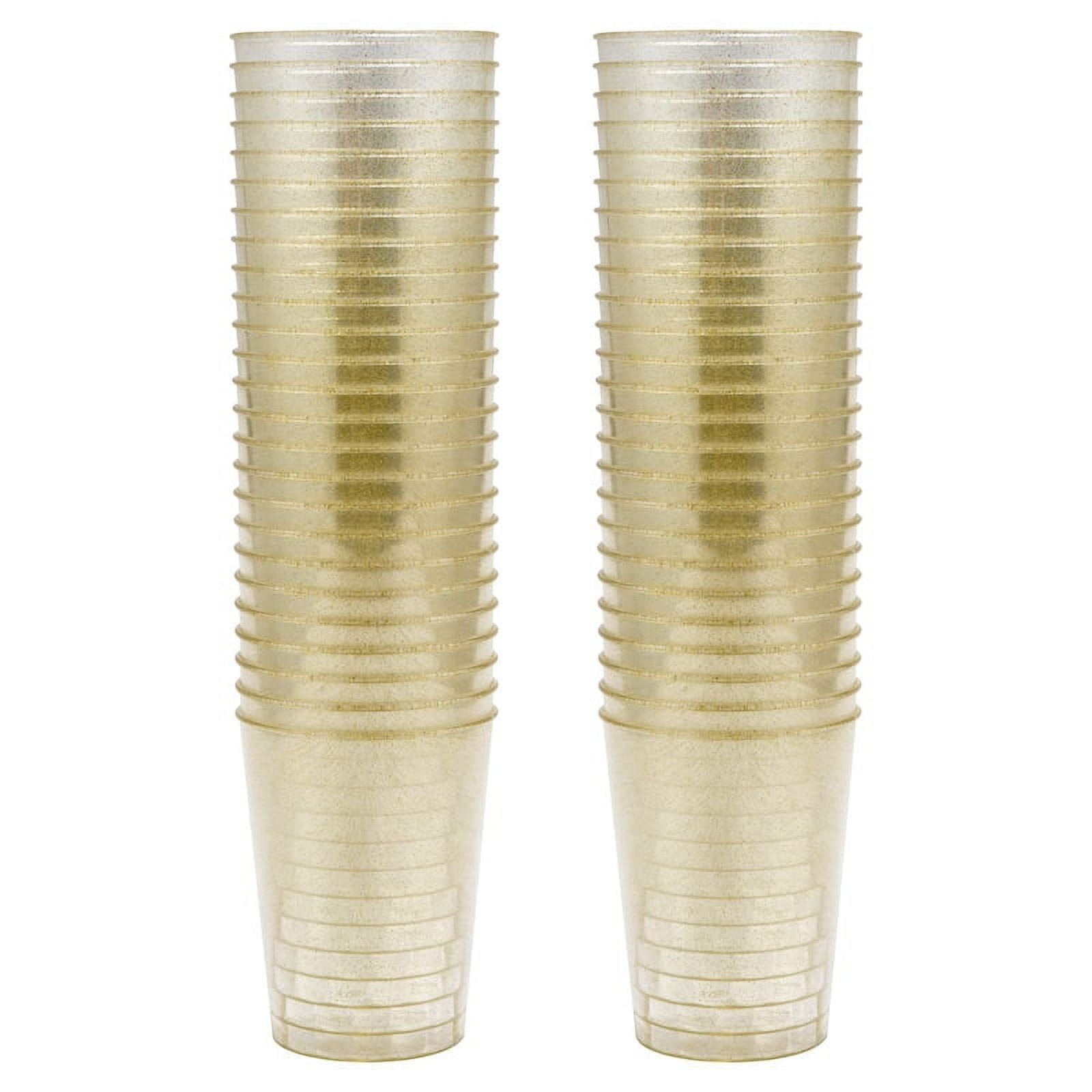 Gold Plastic Cups, Disposable Gold Glitter Plastic Wine Glasses, Clear