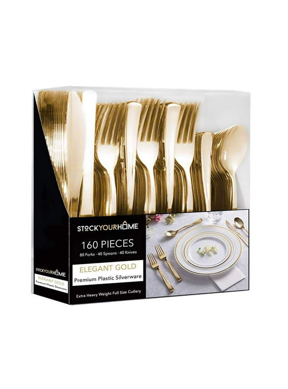 Gold Plastic Cutlery Set 160 Pack Disposable Silverware - 80 Forks, 40 Knives, 40 Spoons - For Catering, Parties, Dinners, Weddings, and Everyday Use