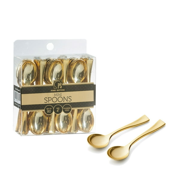 Posh Setting - Plastic Mini Spoons, Gold Mini Spoons, Gold Plastic Mini Dessert Spoons, Disposable Tiny Gold Spoons, 4 inch Mini Spoons for Appetizers, Taster Spoons, Ice Cream Spoons (80 Pack)