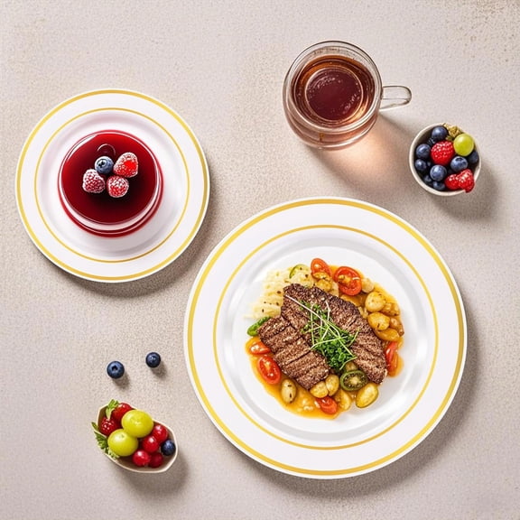 Gold Plastic Plates, Disposable Plastic Dishes with Gold Rim in Bulk for Dinner, Birthday and Wedding