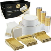 Gold Plastic Plates For Party - Gold Plastic Silverware - 350 PC Wedding Dinnerware Set For 50 Guests, 100 Gold Plastic Party Plates, 50 Cups, 50 Gold Cutlery Sets & 50 Napkins - By SparkSettings