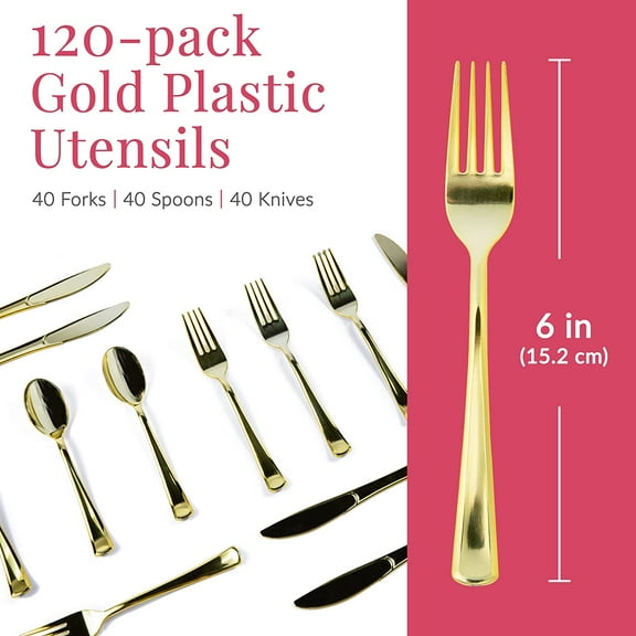Gold Plastic Plates & Gold Plastic Silverware Set Bundle: 50 Piece Gold Plastic Plates and 120 Silverware Set