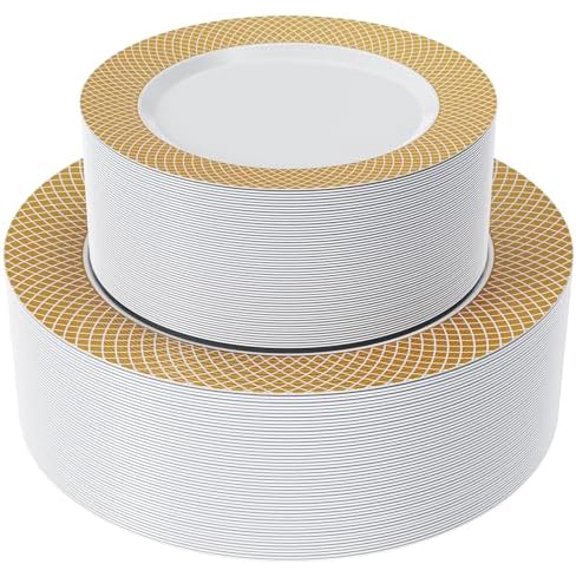 Gold Plastic Plates Set of 102, Disposable Plates with Gold Grid Rim 51 Dinner Plates 10" and 51 Salad Dessert Appetizer Plate 7", Elegant Fancy Heavy Duty Wedding Party Plate