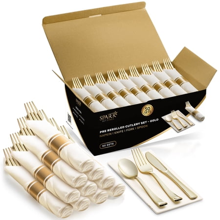 Gold Plastic Silverware, 50 Pre Rolled Napkin and Cutlery Set, Elegant Wrapped Plastic Cutlery Set With Napkin, Forks, Knives, and Spoons, Gold Cutlery Set Disposable For Party - By SparkSettings
