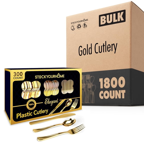 Gold Plastic Silverware Set (1800-Pack)  Disposable Heavy Duty Cutlery, 100 Forks, 100 Knives, 100 Spoons for Parties, Weddings, Dinners & Holidays