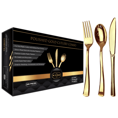 Gold Plastic Silverware Set - 300 Piece Reusable & Recyclable Cutlery for Weddings, Anniversaries, Showers, Parties - Includes 100 Forks, 100 Spoons, 100 Knives - Elegant Party Utensils by JL Prime
