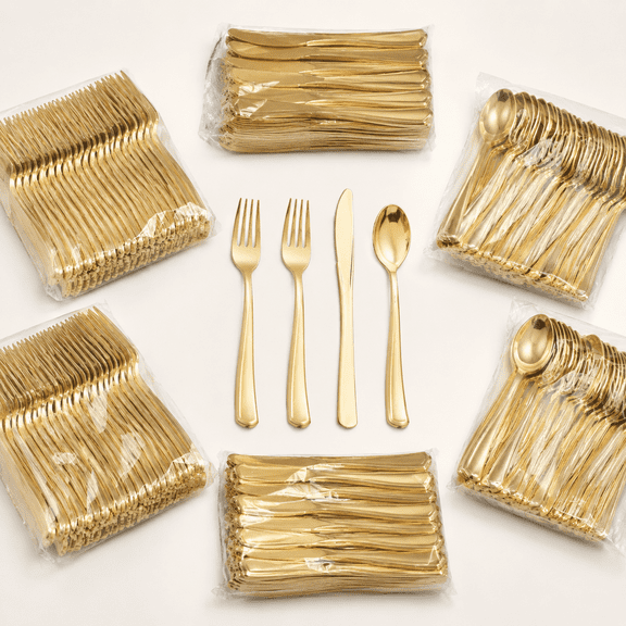 Gold Plastic Silverware Set Heavy Duty Cutlery for Party