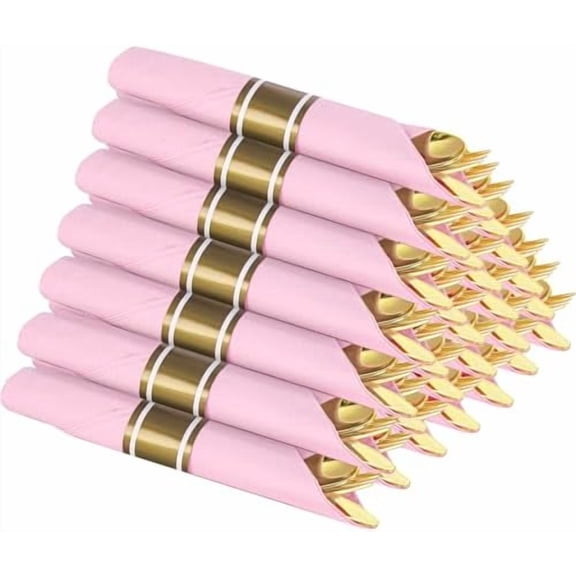 Gold Plastic Silverware Set with Pre Rolled Pink Napkin-Disposable Cutlery with Pink Linen Napkin Gold, Wrapped Plastic Silverware Heavy Duty Suit for Birthdays, Parties, Weddings 30Packs