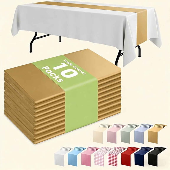 Gold Plastic Table Runners - 10 Pack, Water Resistant & Disposable Centerpiece Decorations for Table Cloth, Wedding, Birthday, Holiday, Party, Home Decor