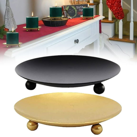 Gold Plate Candle Holder for Pillar Candles, Decorative Metallic Stand for Wax Candle Displays