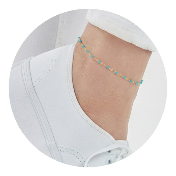 Gold Plated 10-inch Adjustable Turquoise Enamel Bead Chain Anklet for Women