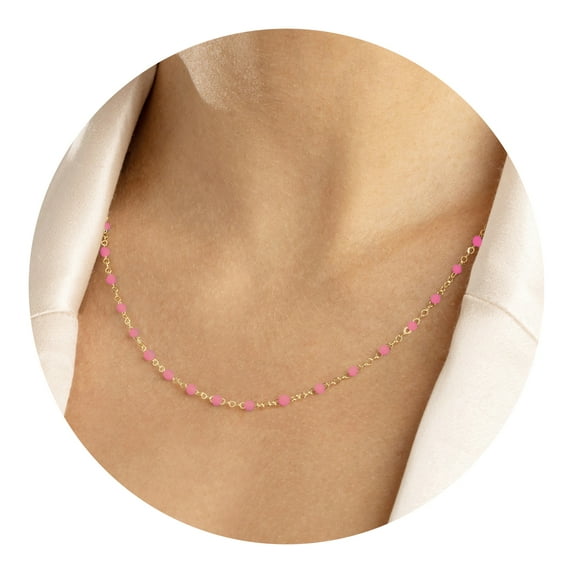 Gold Plated 18-inch Adjustable Hot Pink Enamel Bead Chain Necklace for Women