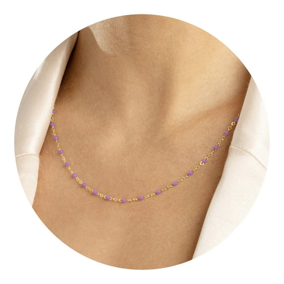 Gold Plated 20-inch Adjustable Violet Purple Enamel Bead Chain Necklace for Women
