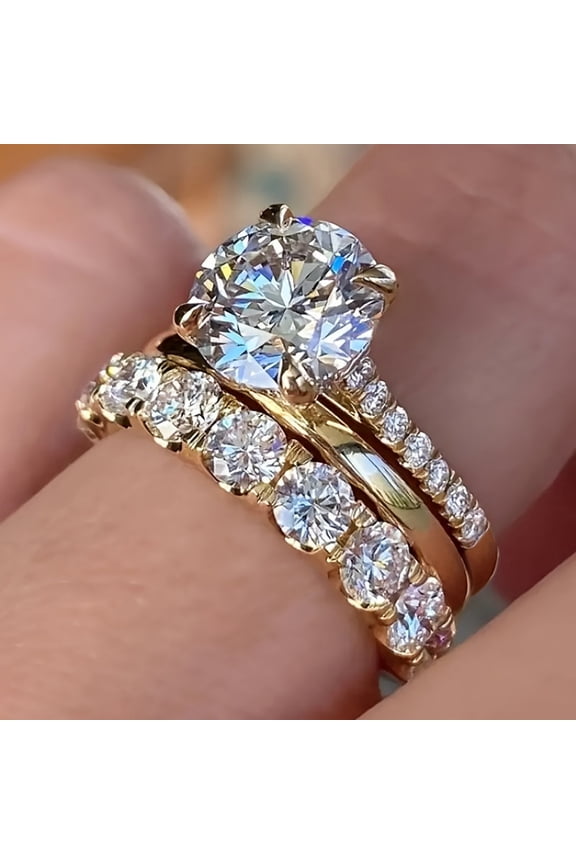 Gold Plated 3 PCS 925 Sterling Silver Stackable Engagement Rings Set Cubic Zirconia Eternity Bands Wedding Promise Rings Halo Wedding Engagement Promise Eternity Rings for Women 7