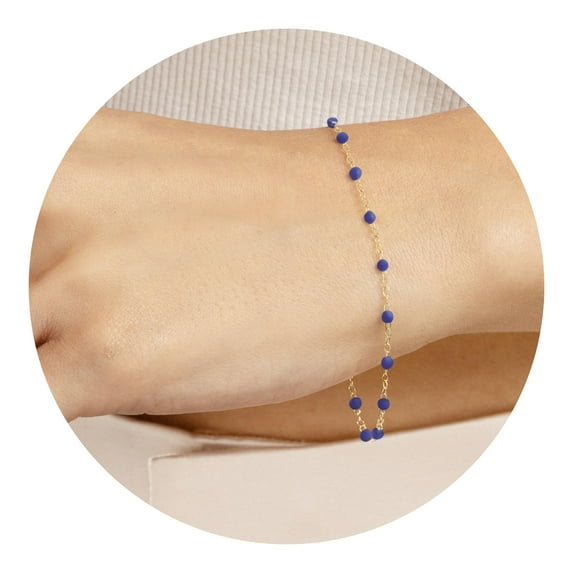Gold Plated 7.5-inch Adjustable Cobalt Blue Enamel Bead Chain Bracelet for Women