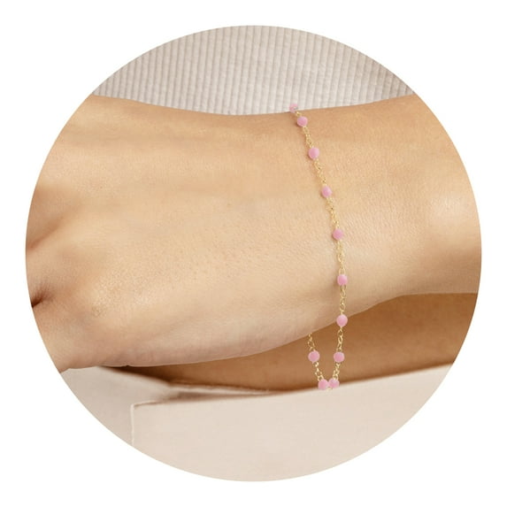 Gold Plated 7.5-inch Adjustable Light Pink Enamel Bead Chain Bracelet for Women