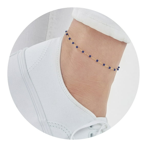 Gold Plated 9-inch Adjustable Cobalt Blue Enamel Bead Chain Anklet for Women