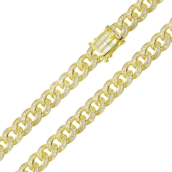 Gold Plated 925 Sterling Silver Baguette Encrusted Curb Chain Bracelet 10.9mm 8.5" Jewelry Female