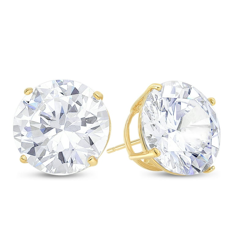 Gold Plated .925 Sterling Silver Basket Setting Stud Earrings Brilliant  Round Cut 15mm white CZ