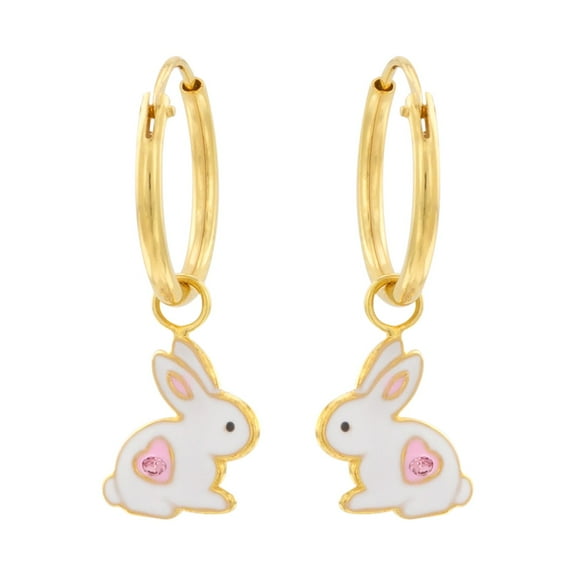 Gold Plated 925 Sterling Silver Bunny Hoop Earrings with Pink Crystals